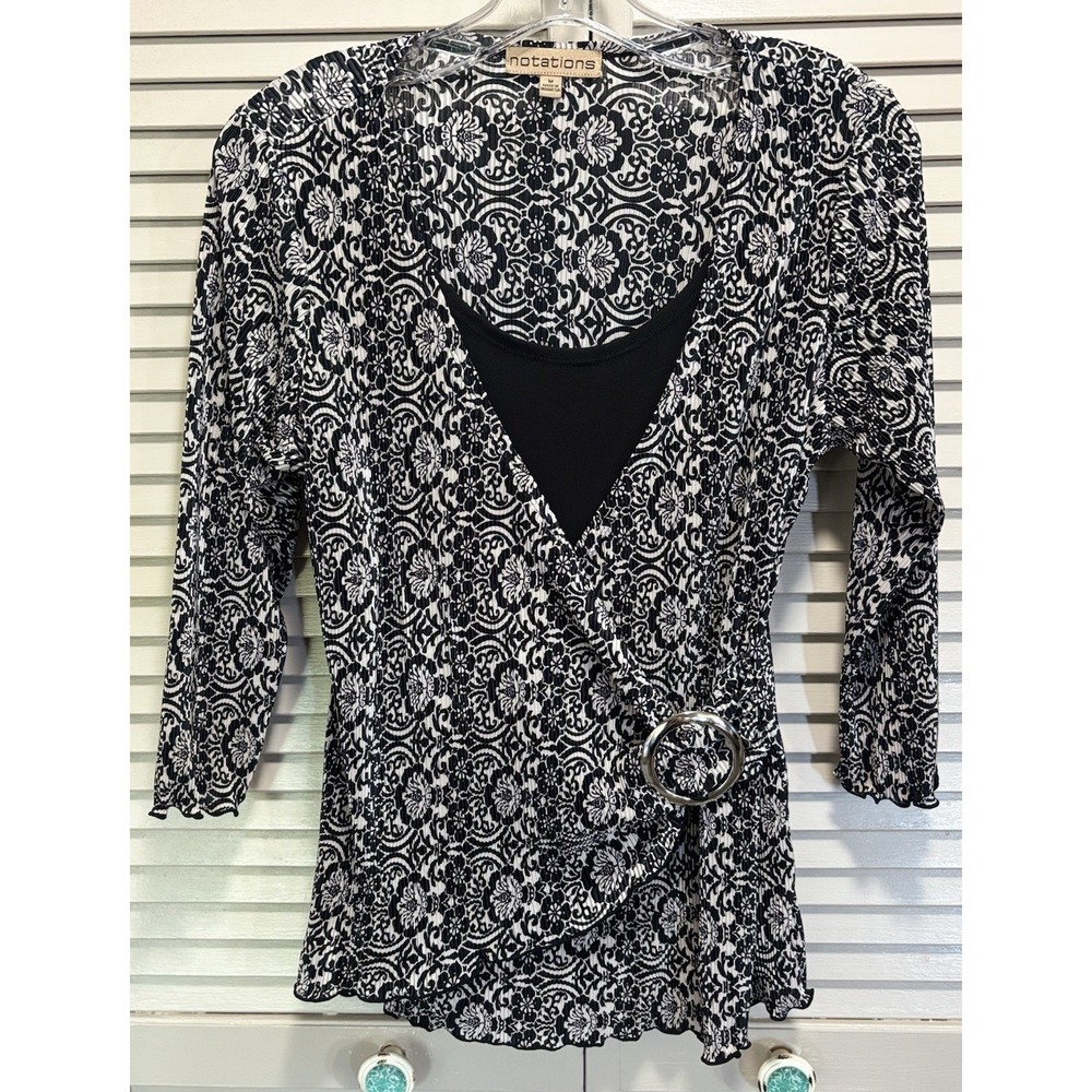 Notations Floral Crinkle Blk/White‎ Blouse Size M 3/4 Sleeve Flowy